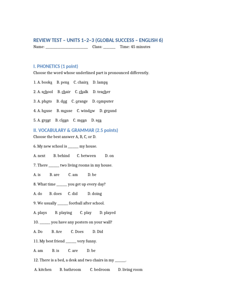 Review Test for English 6 Units 1-3 | PDF | Chess Openings | Chess