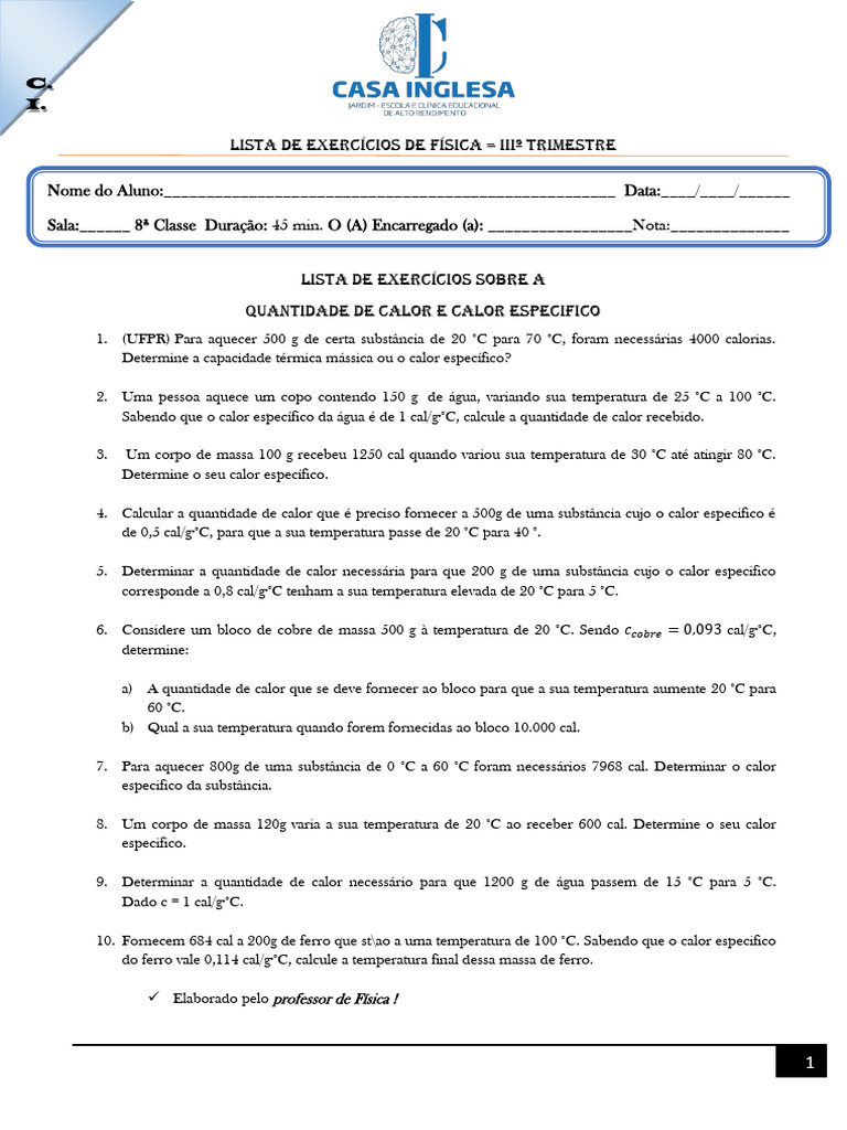 Exercícios de Física: Calor e Calor Específico | PDF | Calor | Temperatura