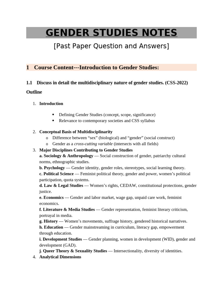 Gender Studies Notes of Past Papers by Tayyab Hussain | PDF | Gender ...