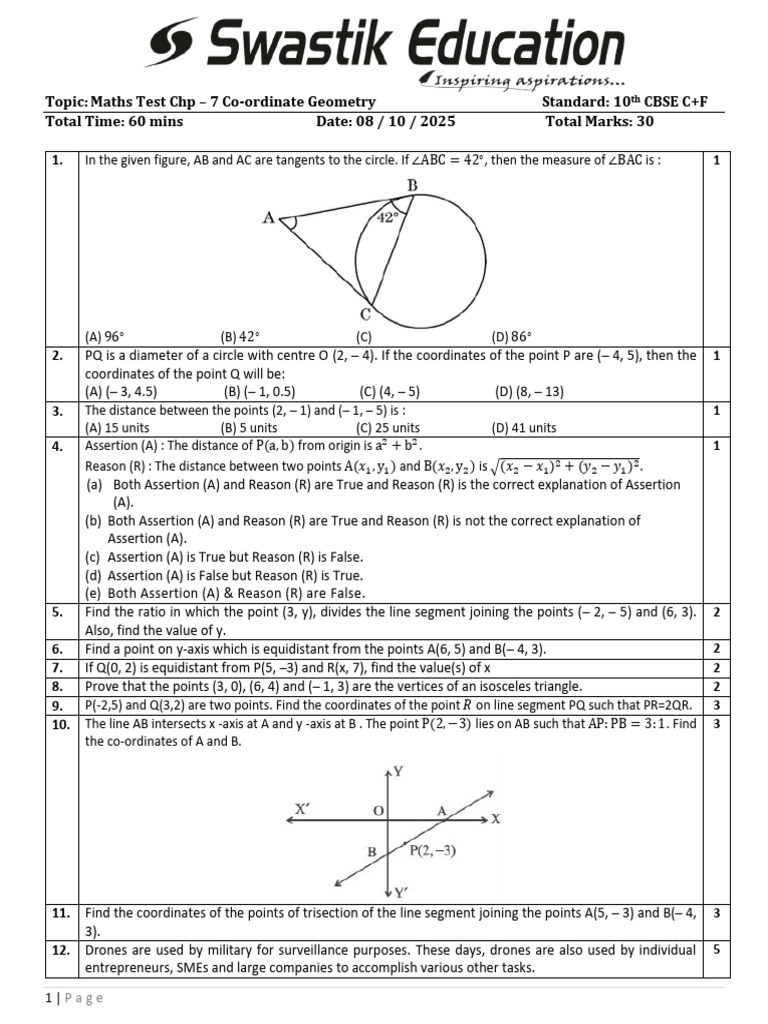CBSE Class 10 Coordinate Geometry Test | PDF | Circle | Euclidean Geometry
