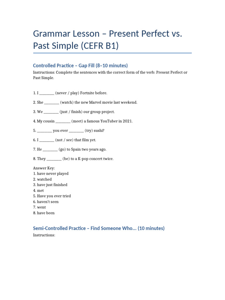 Present Perfect vs. Past Simple Practice | PDF