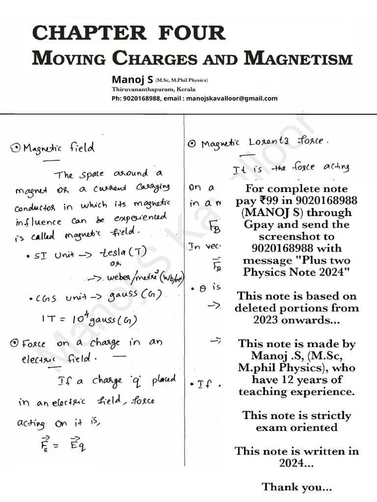 Moving Charges and Magnetism 2024 Best Note For Physics Plus Two | PDF