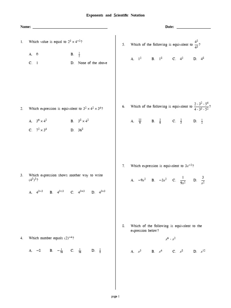 Exponents and Scientific Notation Quiz | PDF | Exponentiation | Sun