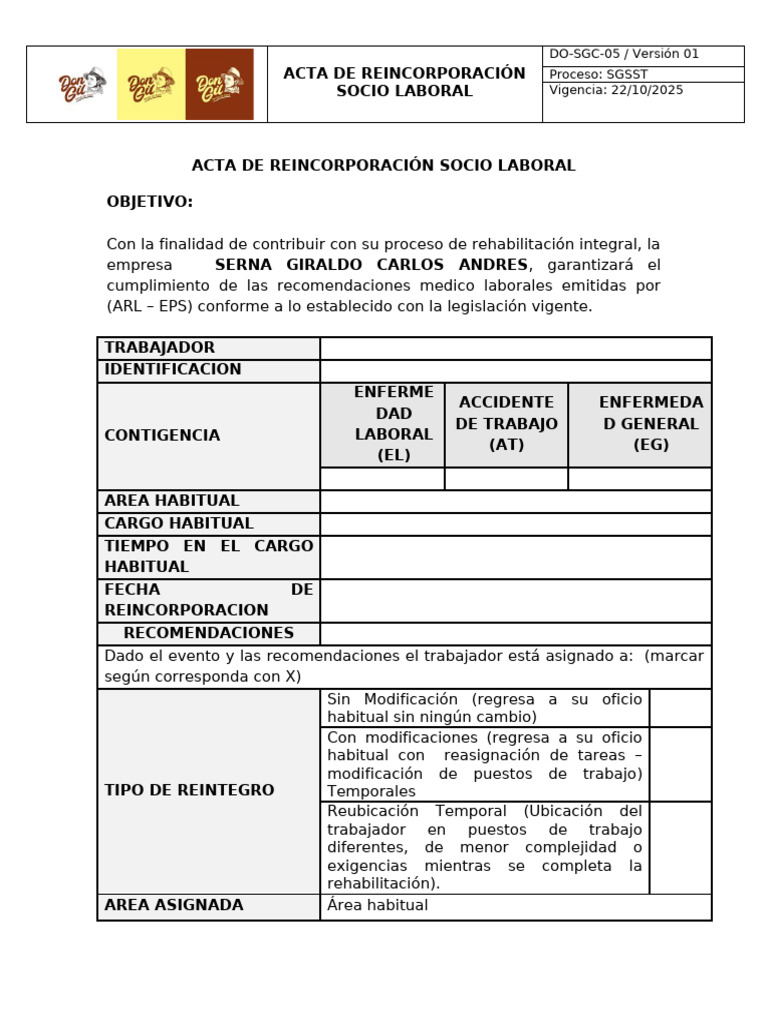 Acta de Reincorporación Laboral SST | PDF