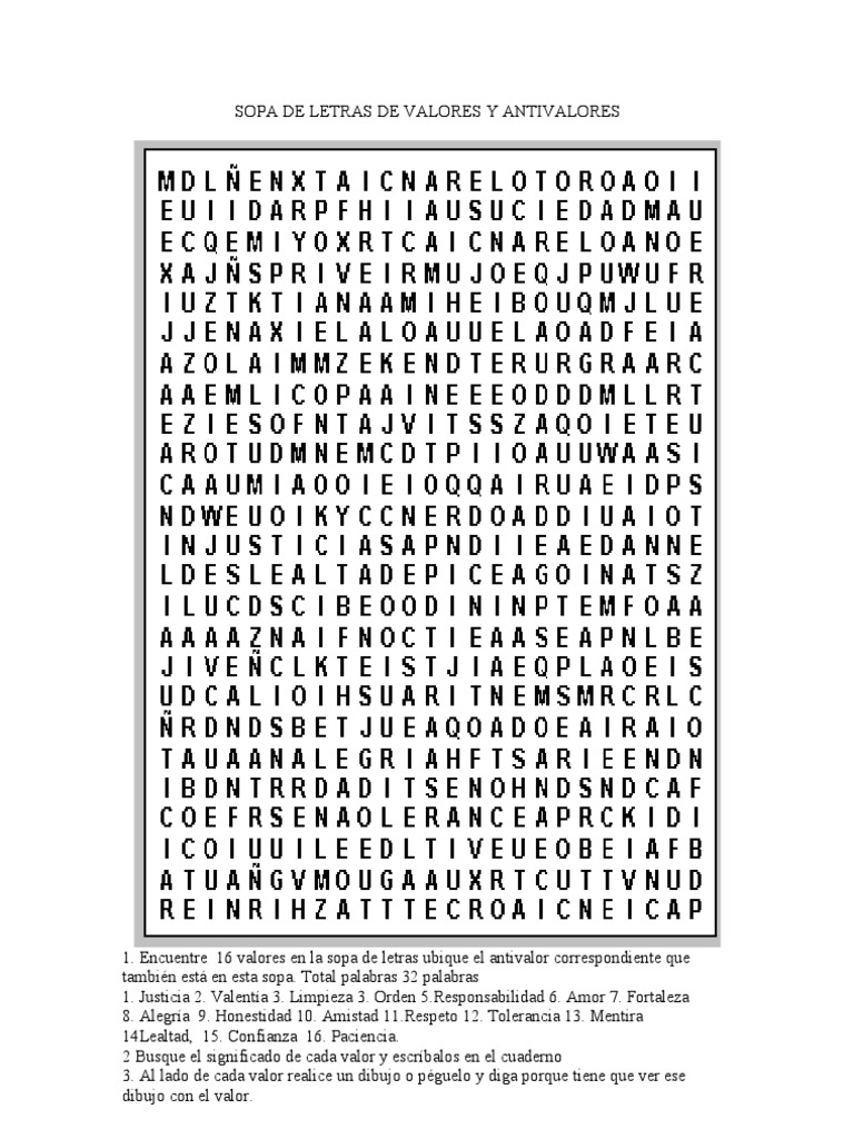 Sopa de Letras de Valores y Antivalores