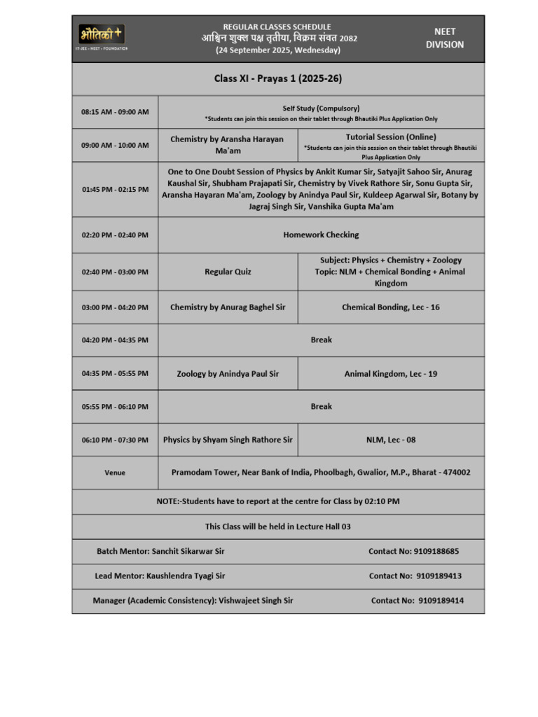 Regular Class Schedule XI Prayas 1 (24-09-2025) | PDF | Physical Sciences