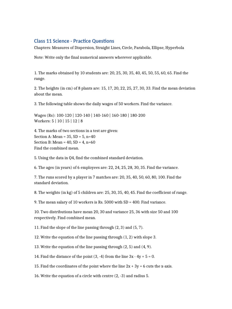 Class 11 Science Practice Questions | PDF | Ellipse | Differential Geometry