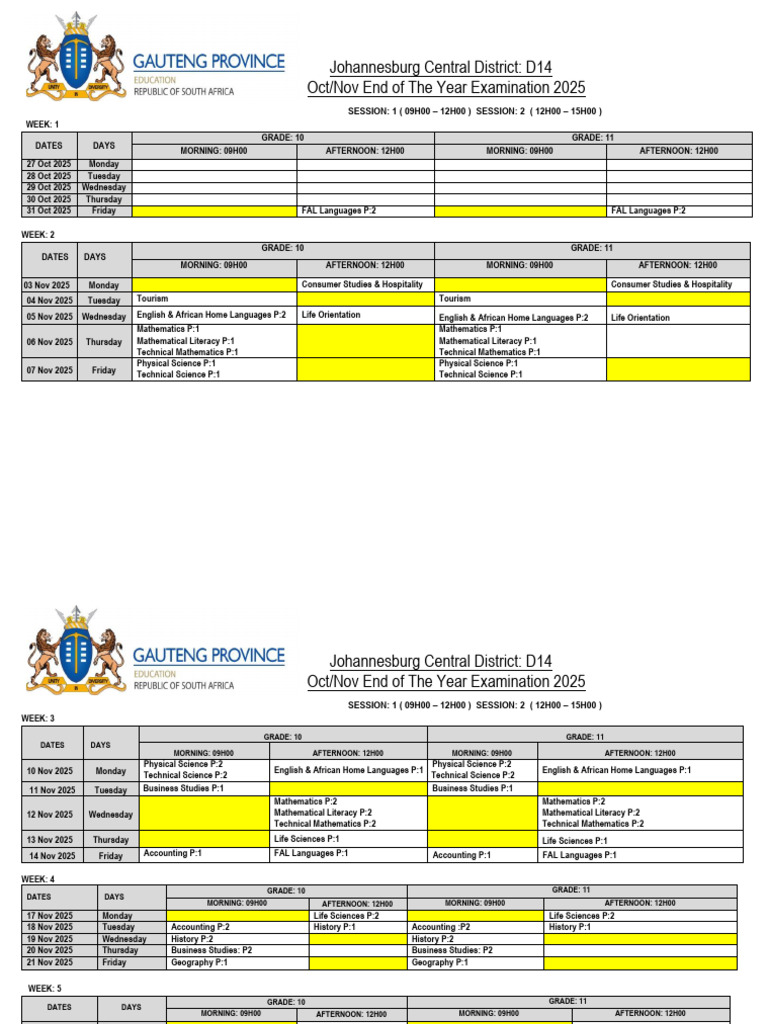 Grade 10 Exam Timetable Nov 2025 | PDF
