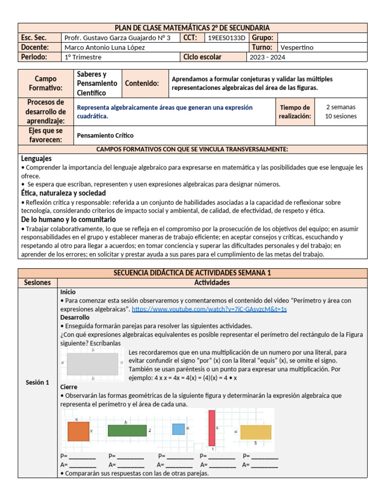 Plan de Clase: Conjeturas Algebraicas | PDF | Multiplicación | Matemáticas
