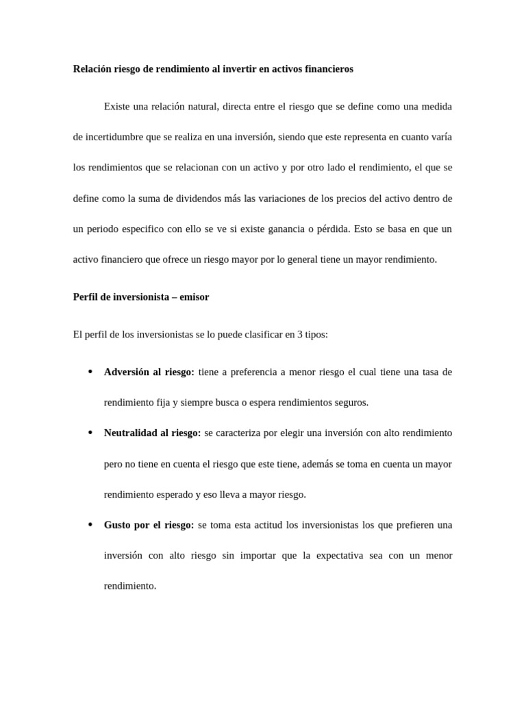 Riesgo y rendimiento en inversiones financieras | PDF | Riesgo ...