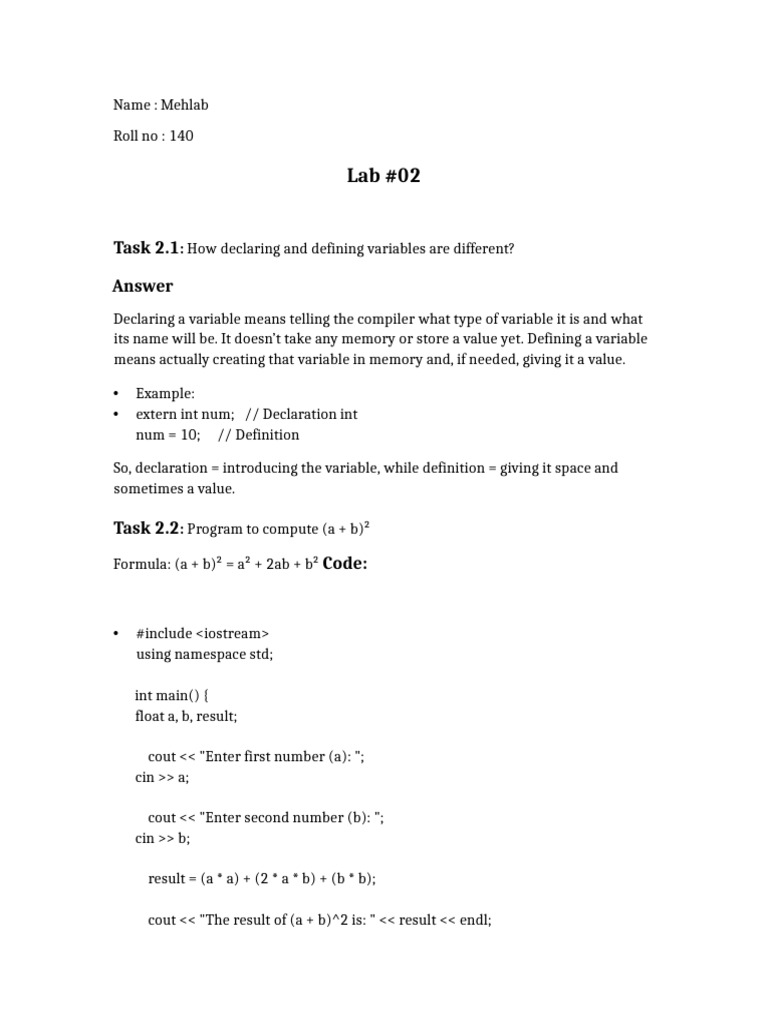 Lab 02 Basic Programming Mehlab Aman1 1 | PDF