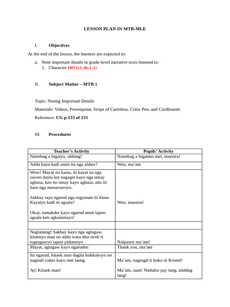 Lesson Plan in MTB | PDF