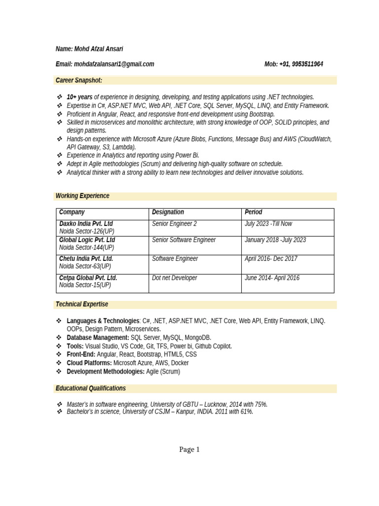 .NET Developer Resume - Mohd Afzal Ansari | PDF | Language Integrated ...