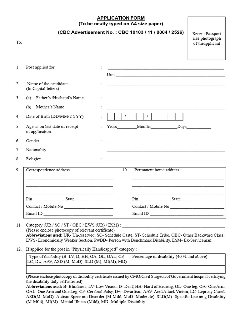 CBC 10103/11/0004/2526 Application Form | PDF | Disability