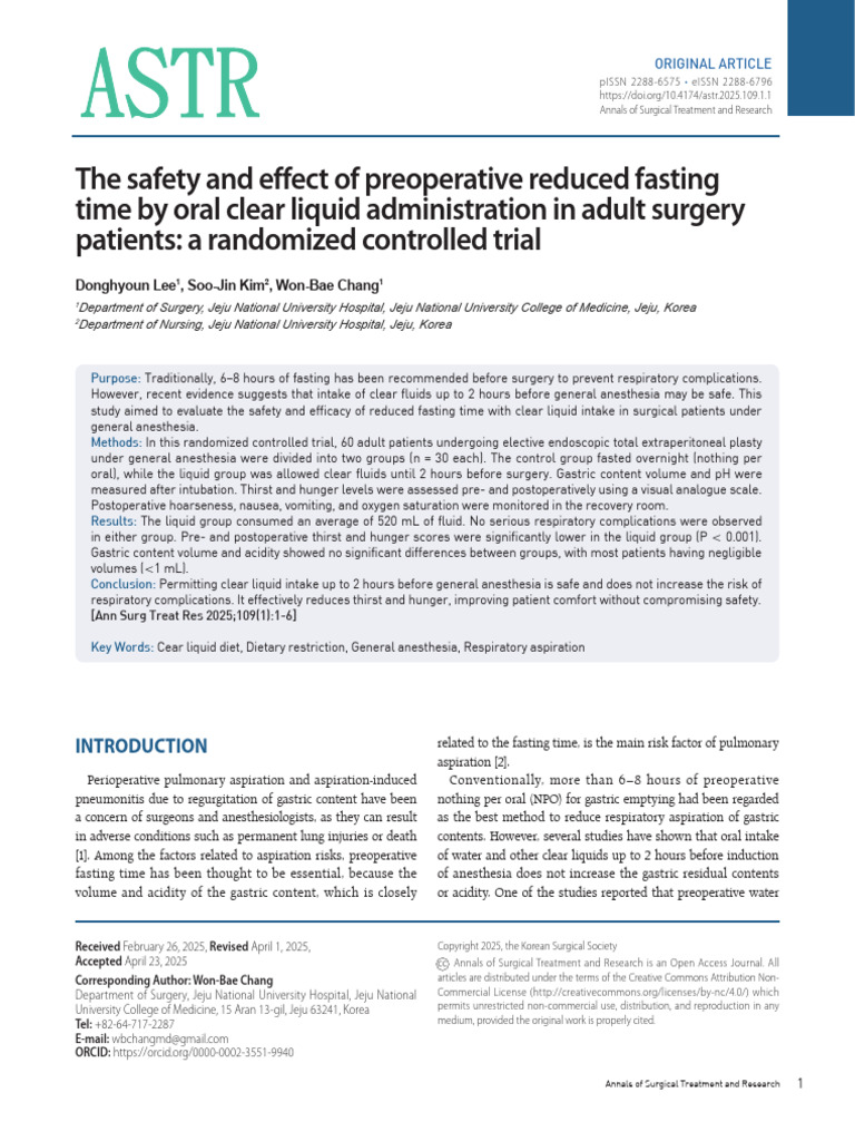 Reduced Fasting Safety in Surgery | PDF | Anesthesia | Surgery