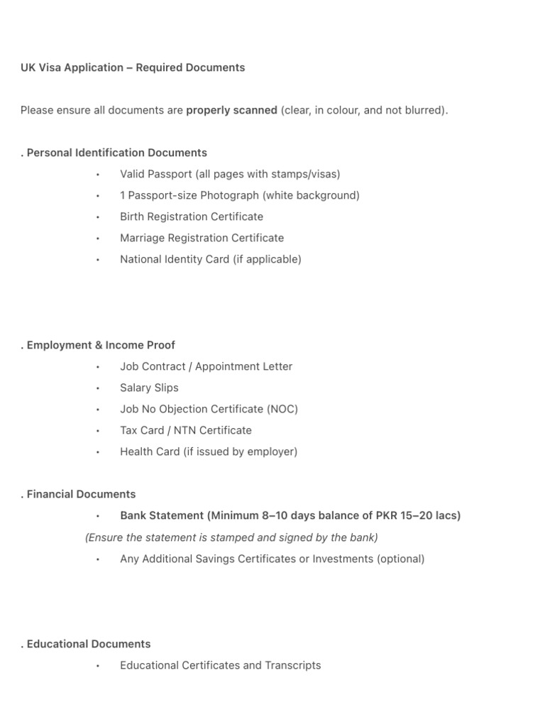 UK Visa Application - Required Documents | PDF