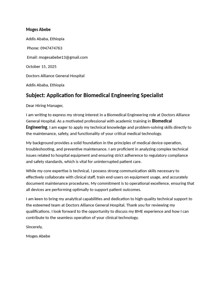 Biomedical Engineering Application Letter | PDF