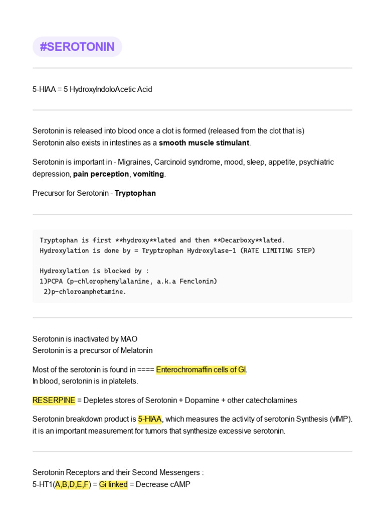 Serotonin: Functions, Receptors, and Drugs | PDF | Migraine | Serotonin