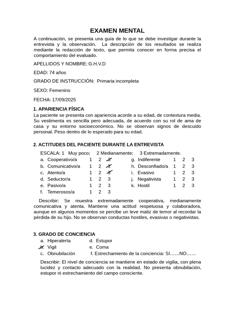 Examen Mental de Paciente Femenina de 74 Años | PDF | Memoria
