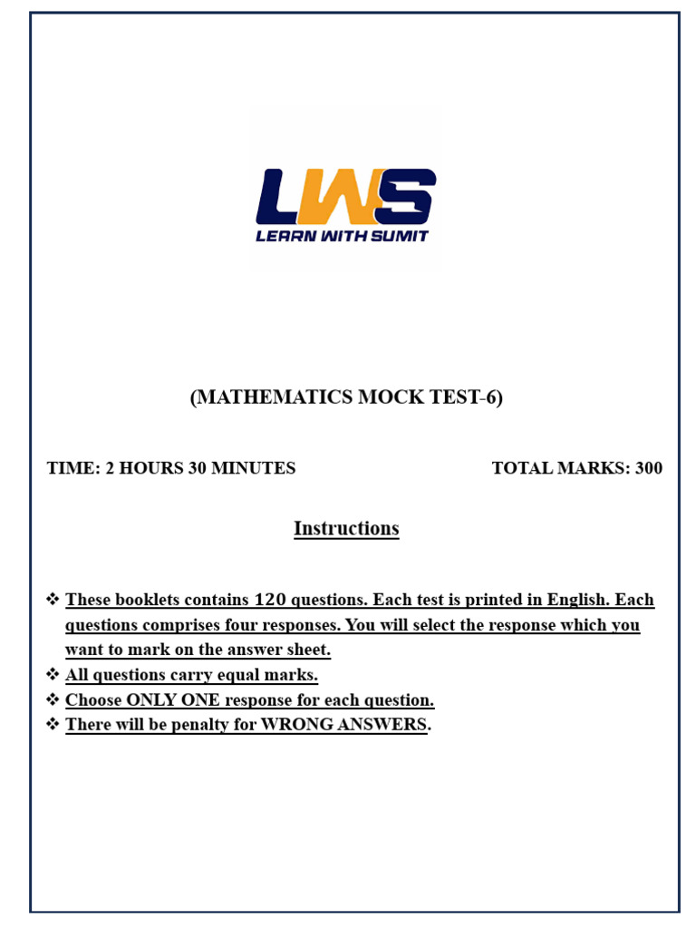 Mathematics Mock Test 6: 120 Questions | PDF | Probability Distribution ...