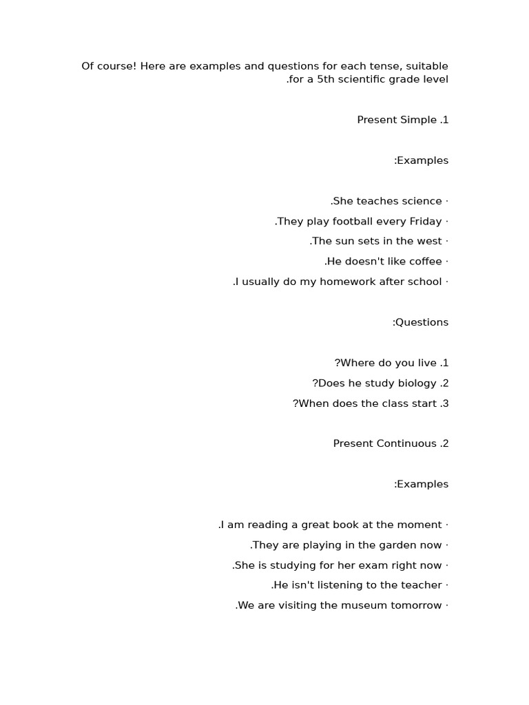 Tenses Examples and Questions for Kids | PDF