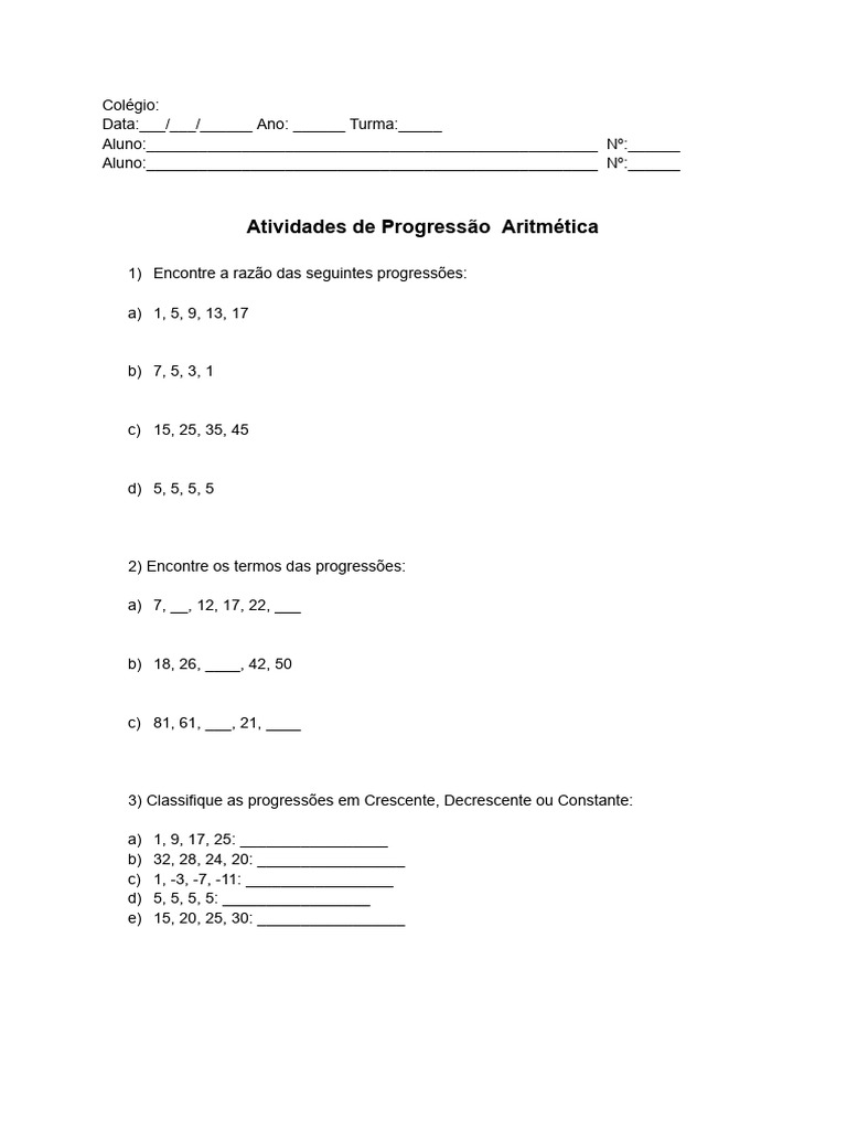 Atividades de Progressão Aritmética | PDF