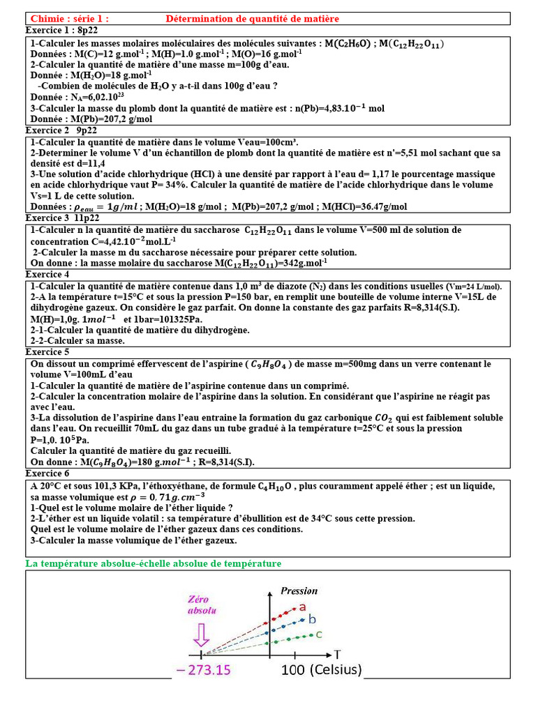Calculs de chimie : quantités de matière | PDF | Quantité | Physique ...