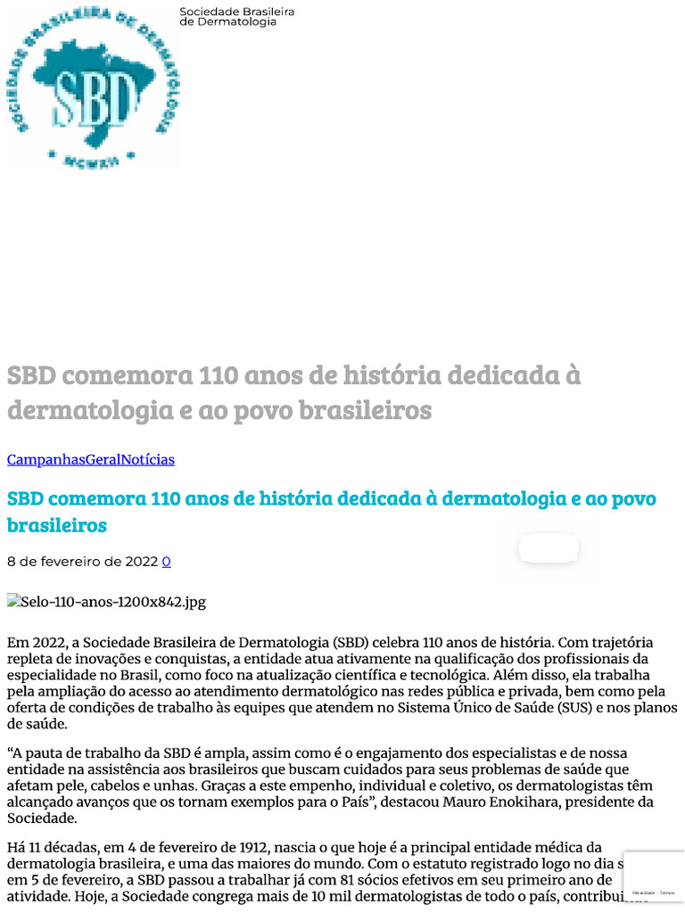 Sociedade Brasileira de Dermatologia (SBD) Celebra 110 Anos | PDF