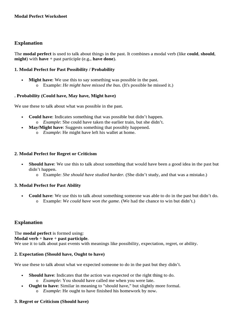 Modal Perfect Exercises Worksheet | PDF | Verb