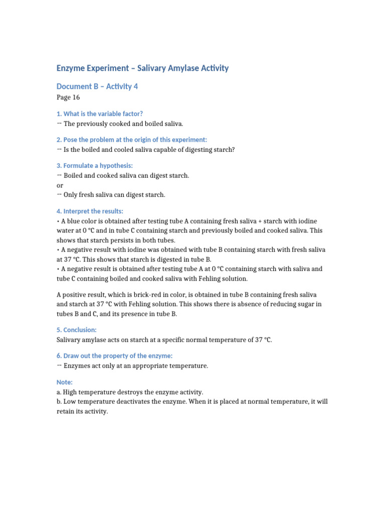 Salivary Amylase Activity Experiment | PDF