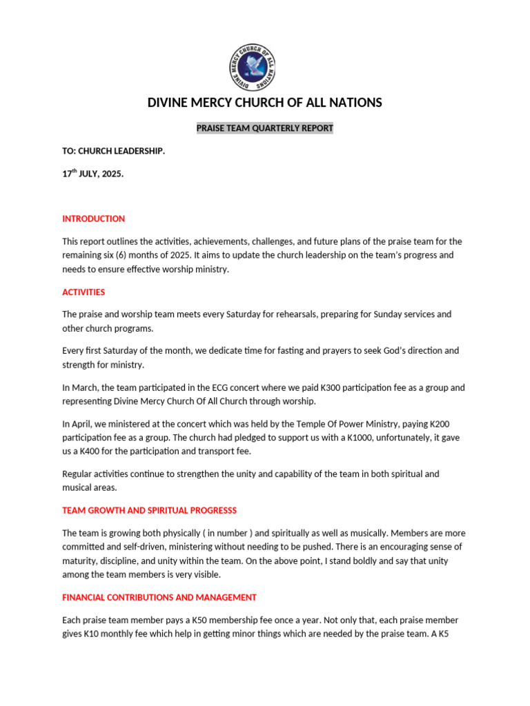 Divine Mercy Church of All Nations Report 6 | PDF | Leadership | Worship