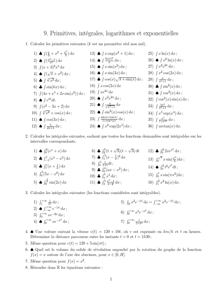Primitives et intégrales : exercices variés | PDF | Nombre | Géométrie