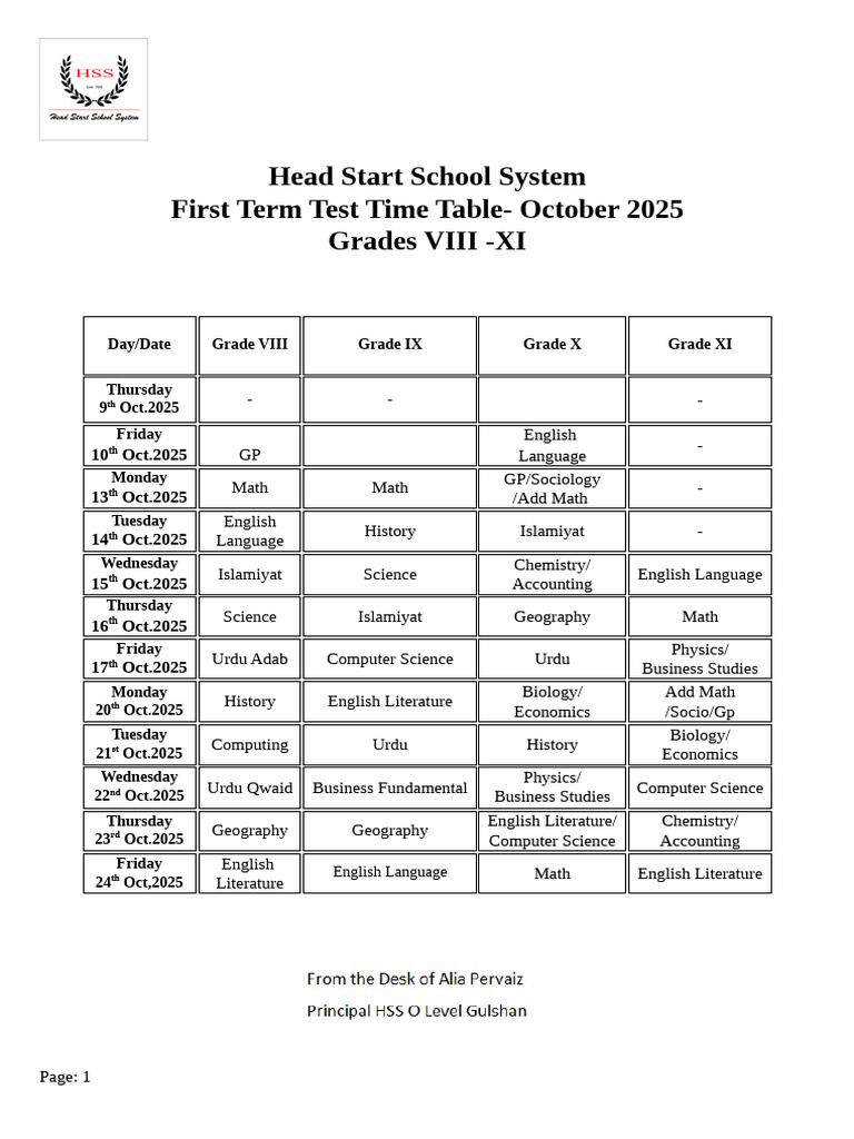 Timetable - Test Week October 2025 | PDF | Liberal Arts Education | Science