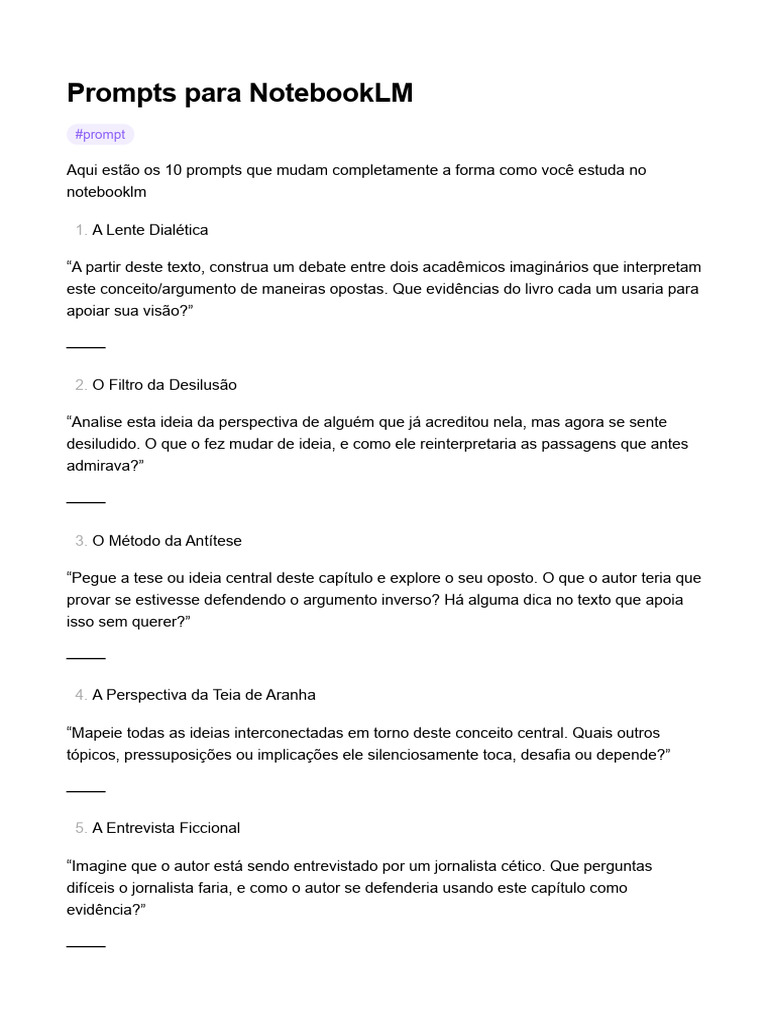 Prompts Inovadores para NotebookLM | PDF
