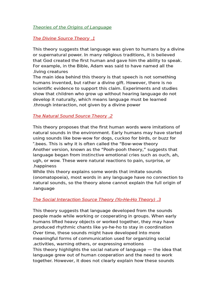 Theories on Language Origins Explained | PDF | Speech | Linguistics