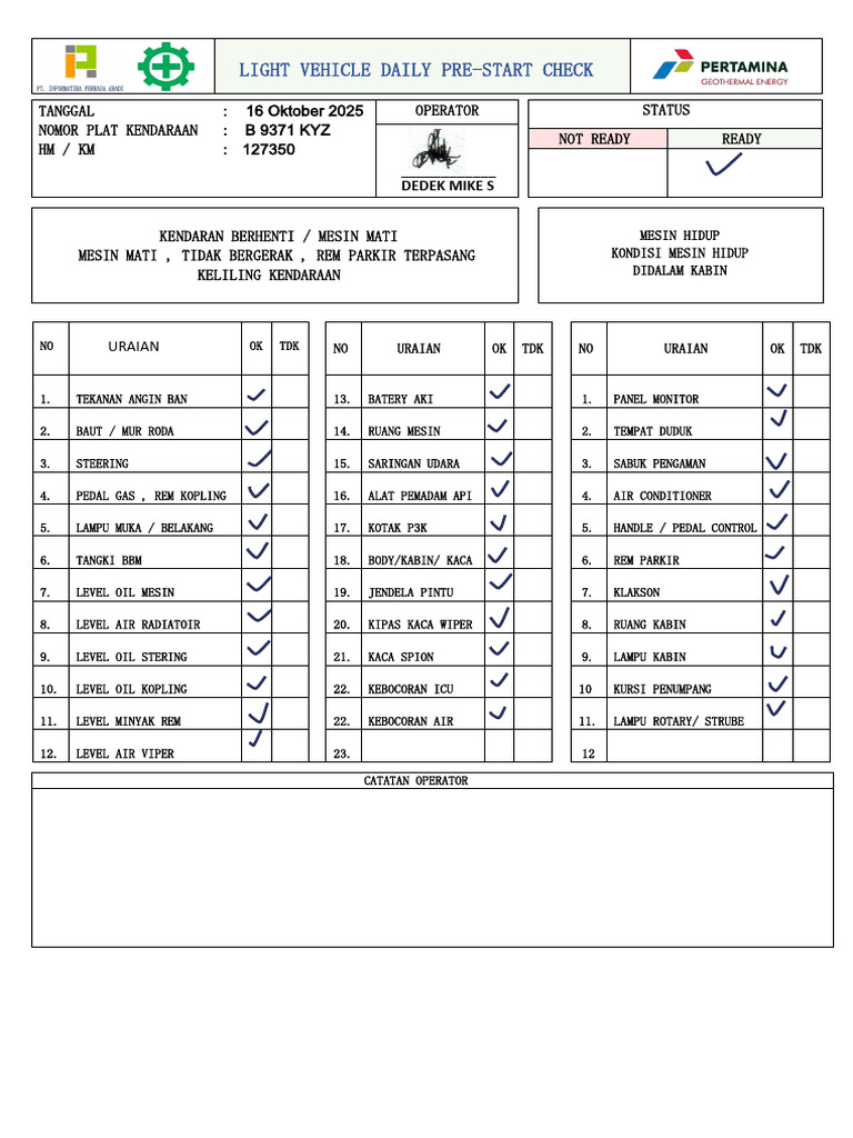 Cek Harian Kendaraan Ringkas dan Lengkap | PDF