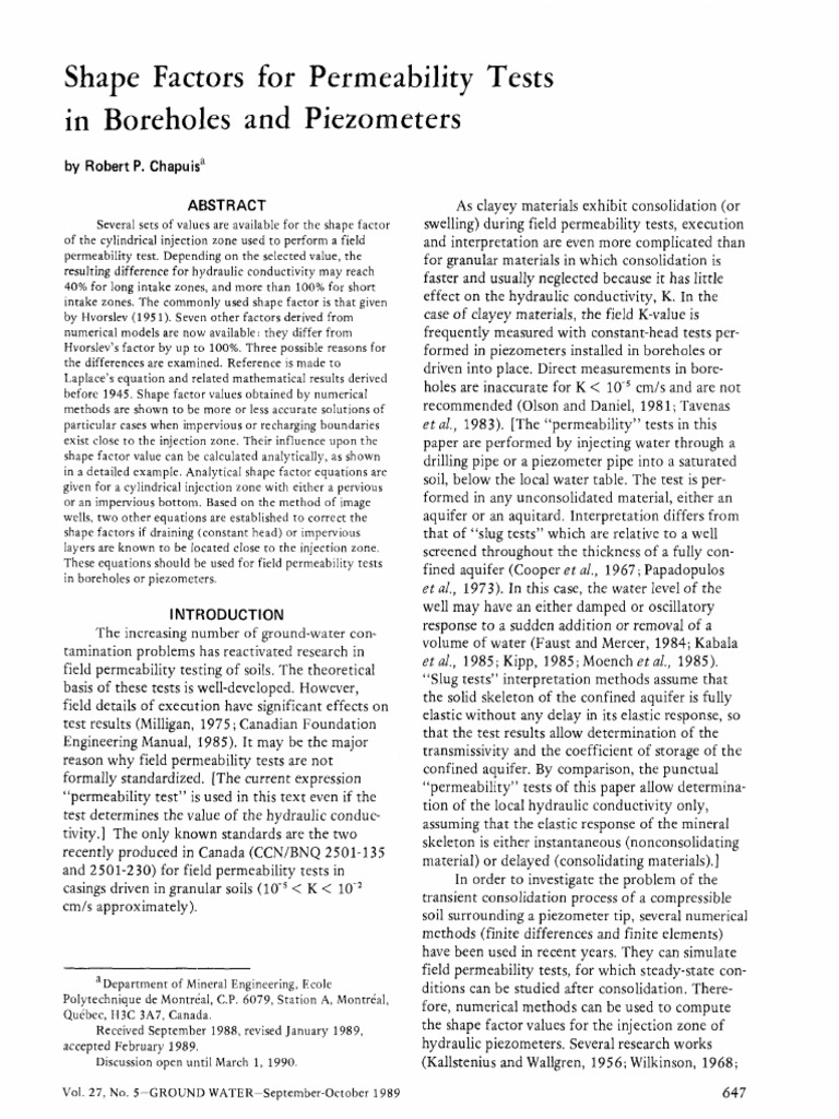 Groundwater - September 1989 - Chapuis - Shape Factors For Permeability ...