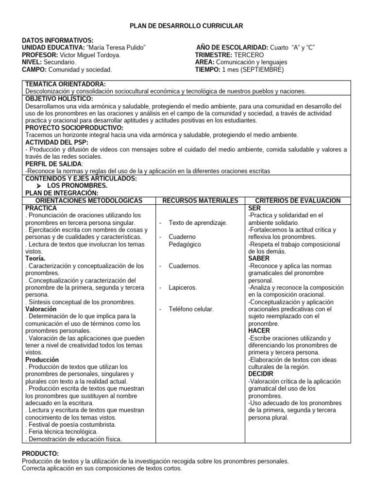 Plan de Desarrollo Curricular Lenguaje 2024 4to Agosto EL Pronombre ...