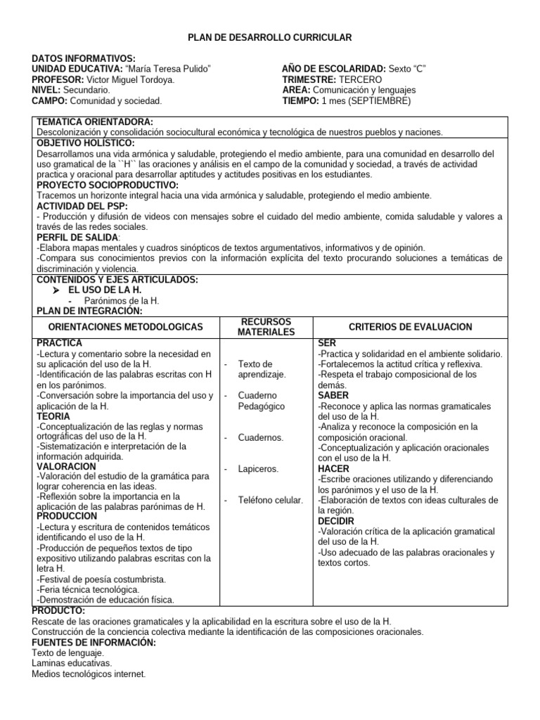 Plan de Desarrollo Curricular Lenguaje 2024 6to Agosto EL Uso de La H ...