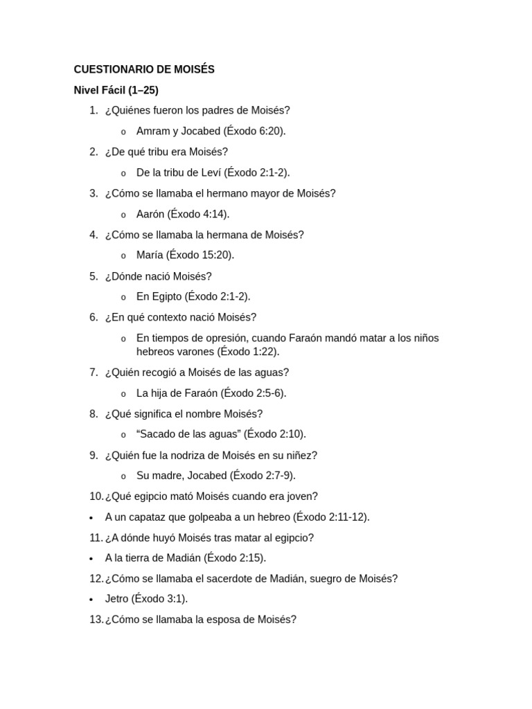 Cuestionario sobre Moisés: 70 Preguntas | PDF | Moisés | Libro del éxodo