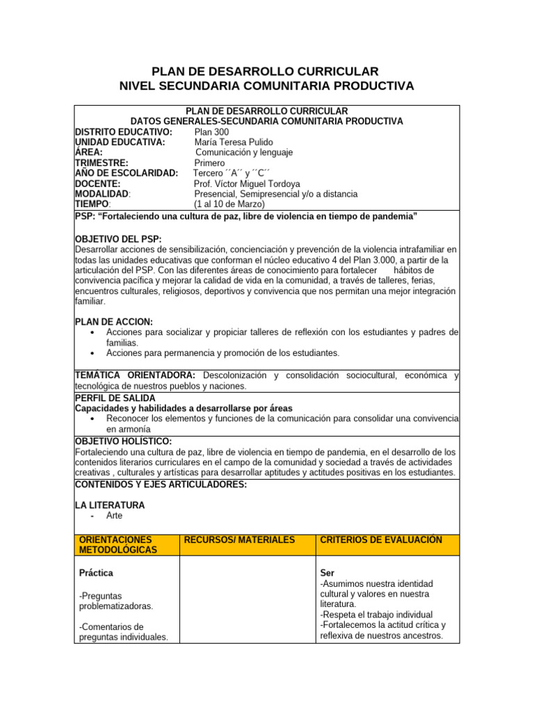 Plan de Desarrollo Curricular 3ro 2022 | PDF | Comunicación humana ...