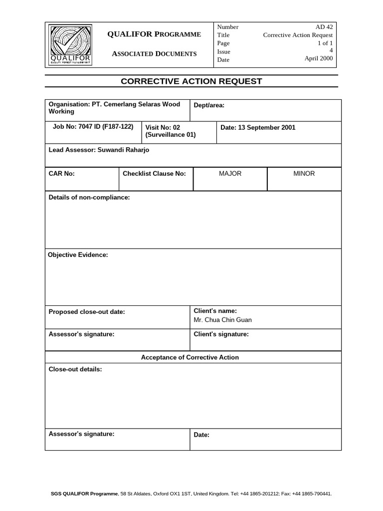 Corrective Action Request for QUALIFOR | PDF