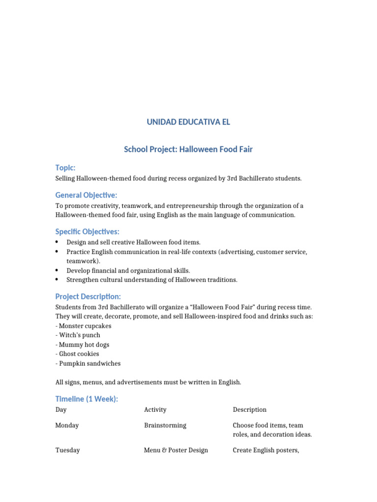 Halloween Food Fair Project Overview | PDF | Menu | Halloween