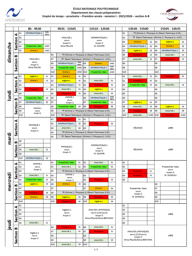 Emploi du temps 2025/2026 - Première année | PDF | Sciences physiques ...