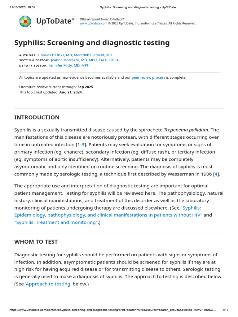 Syphilis Screening and Diagnosis Guide | PDF | Serology | Sexually ...