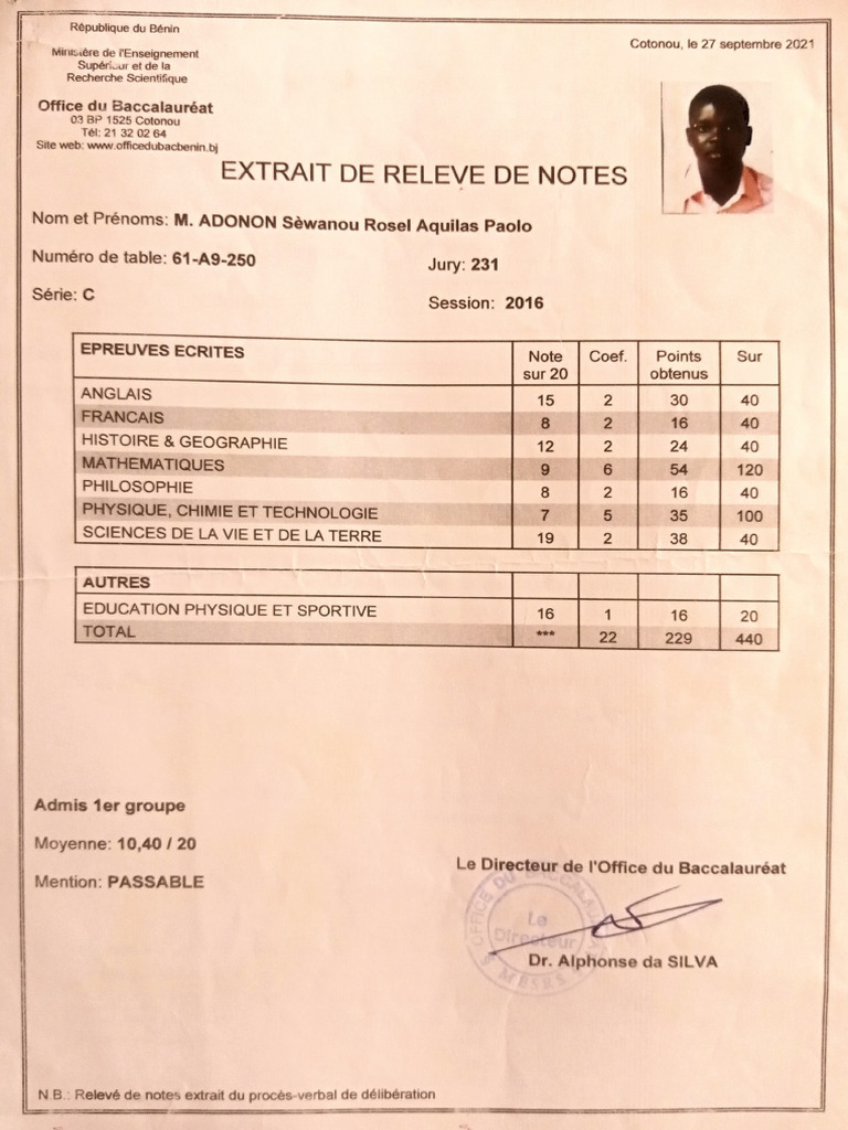 Relevé de notes Bac 2025 - M. Adonon | PDF