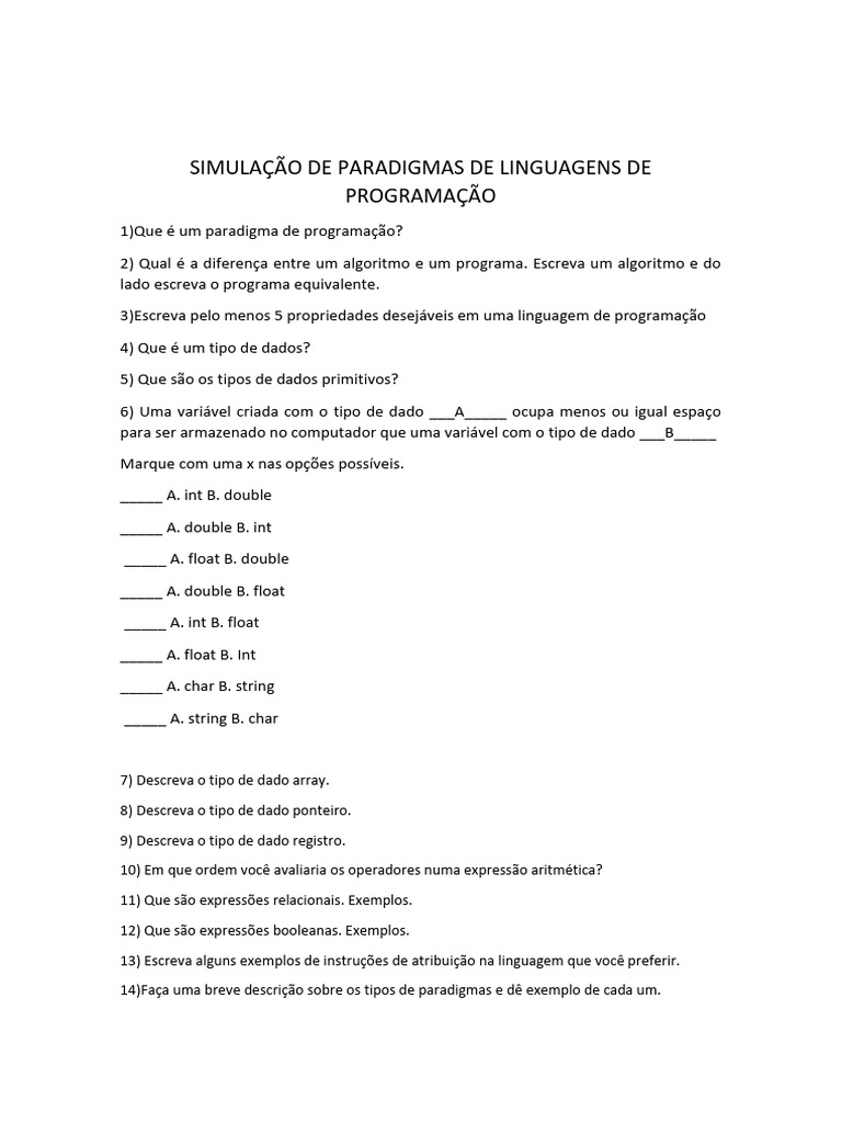 Paradigmas e Tipos de Dados em Programação | PDF | Algoritmos | Tipo de ...