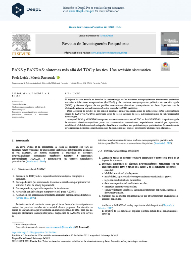 PANS y PANDAS: Revisión de síntomas neuropsiquiátricos | PDF | Desorden ...