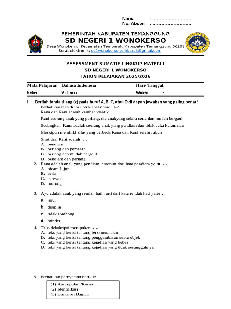 Kelas 5 Mapel Bahasa Indonesia Pts 1 Ika | PDF