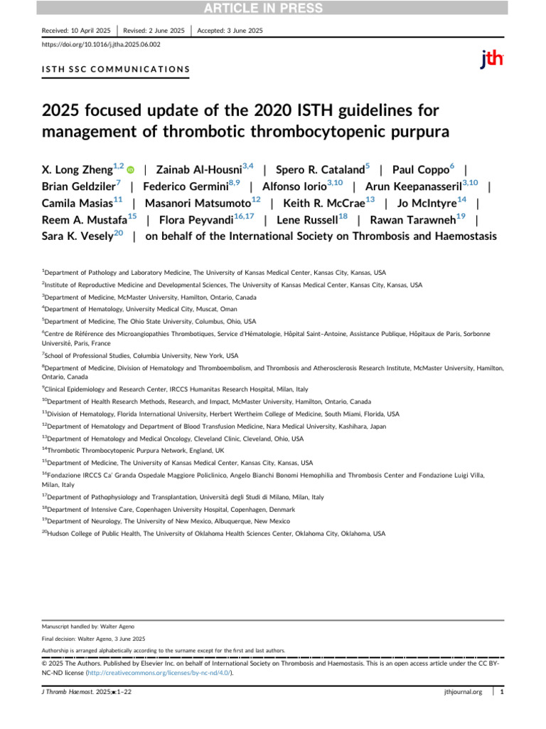 2025 ISTH Guidelines Update on TTP | PDF | Diseases And Disorders ...